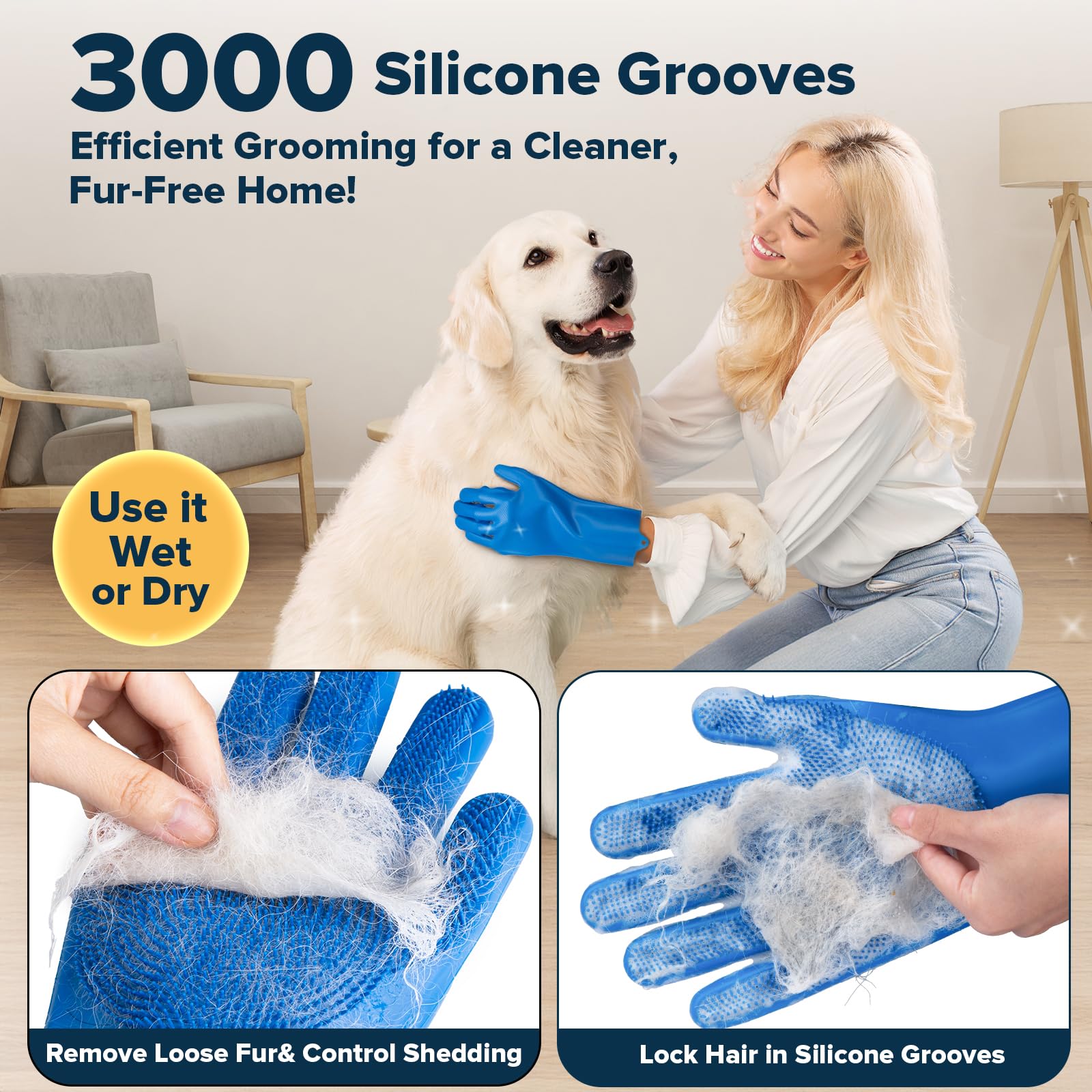 Augwind 6PCS Pet Grooming Kit for Dogs, Cats and Horses | Dog Washing Gloves | Cleanroom Gloves | Dog Bath Brush | Dog Bath Gloves | Dog Shampoo Brush | Dog Bath Supplies (Navy Blue)
